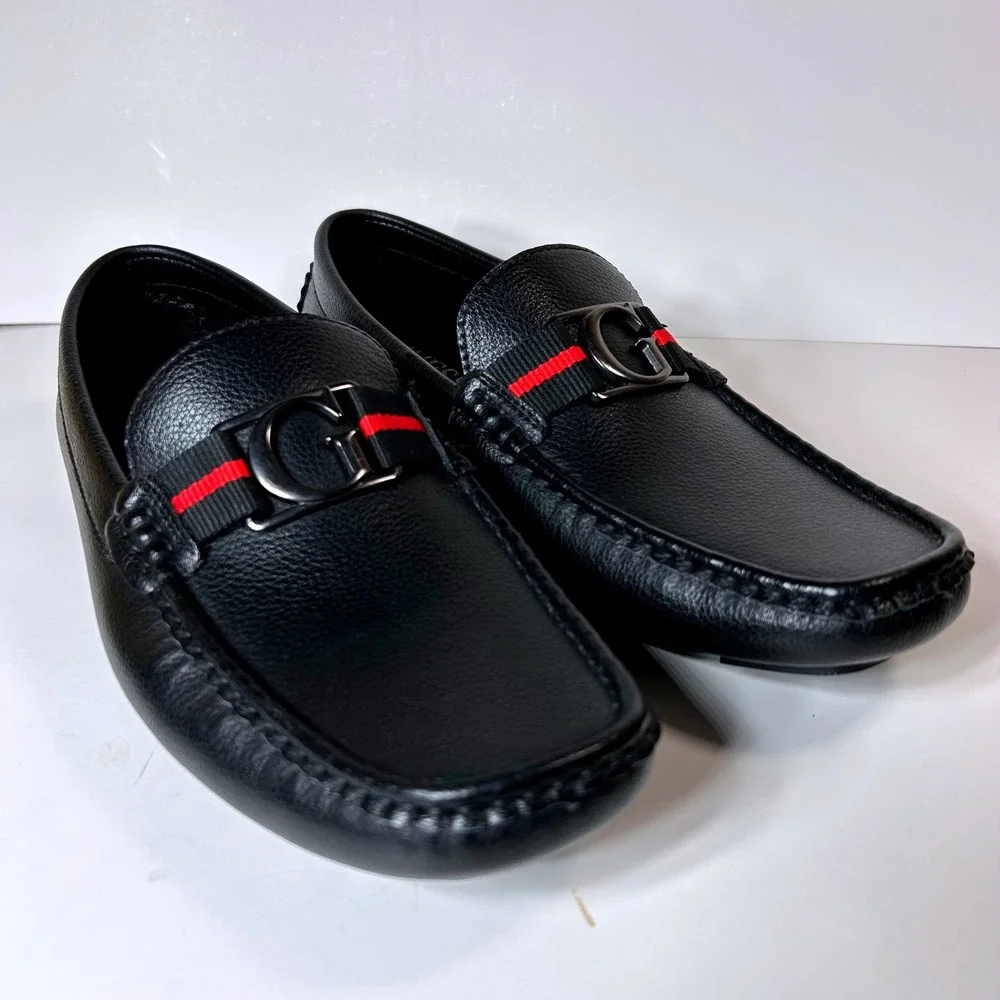 Guess GMASKERS Mens Black Pebbled Driving Loafers G Logo Webbing Size 8.5M
